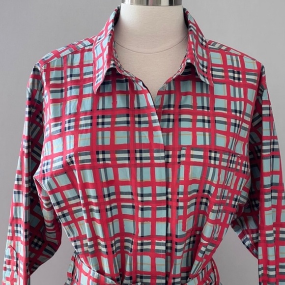 Burberry Red Blue Tartan Plaid Check Tie-Waist Shirt Dress - Picture 7 of 13